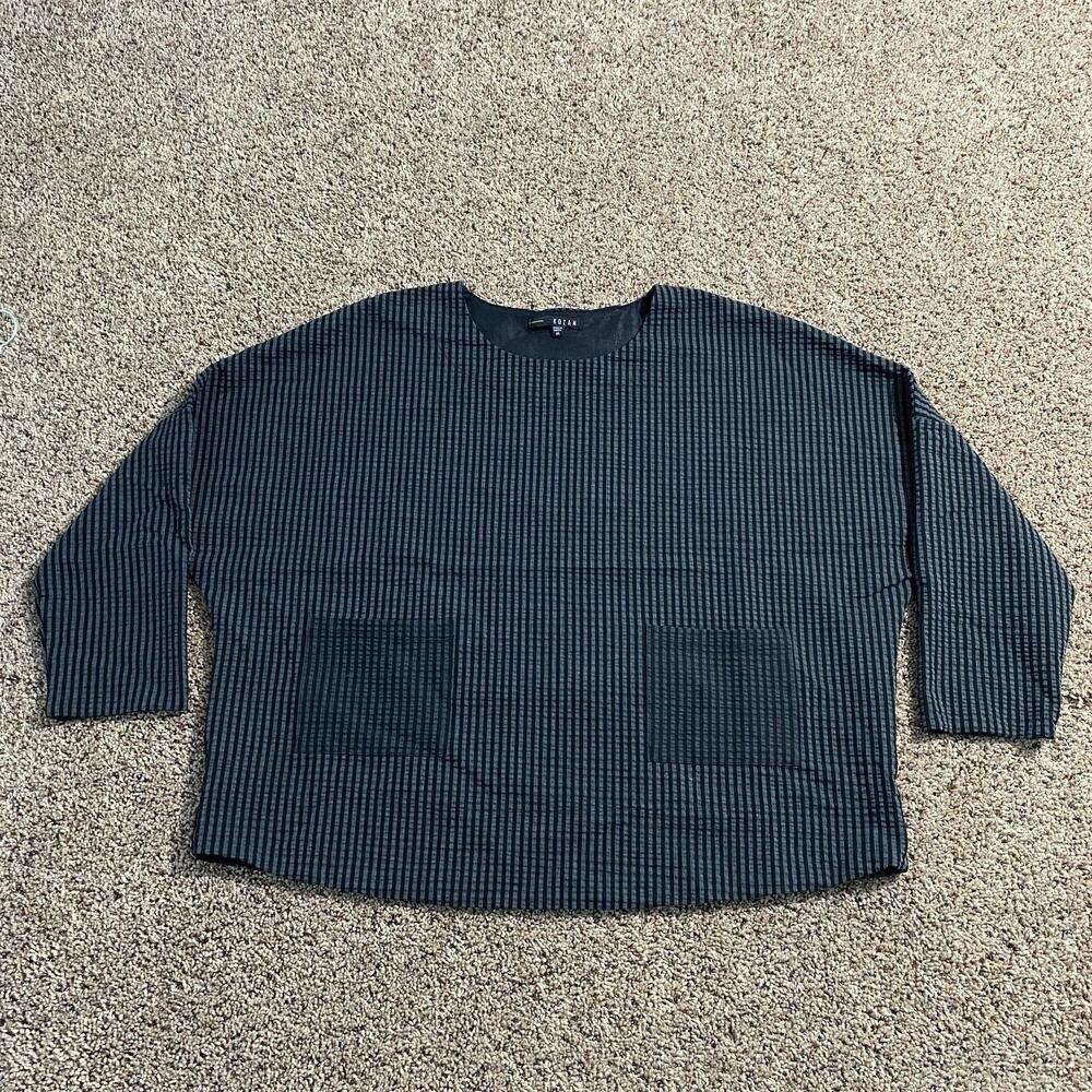 Kozan Sweater Womens Medium Black Gray Striped Textured Long Sleeve Pullover Top